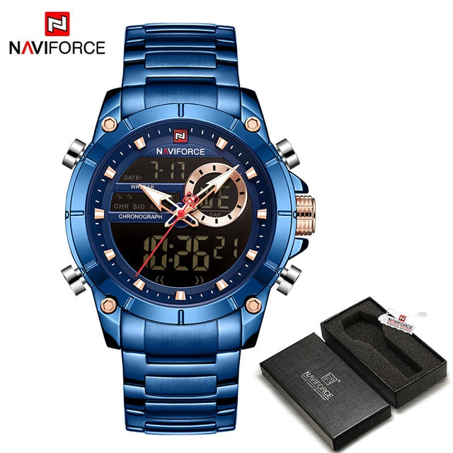 Men Military Sport Wrist Watch Gold Quartz Steel Waterproof Dual Display Male Clock Watches