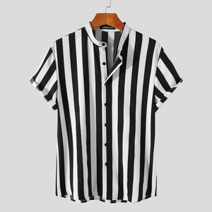 Stylish Casual Fashion Striped Men Shirts Short Sleeve Stand Collar Shirt 5XL 7