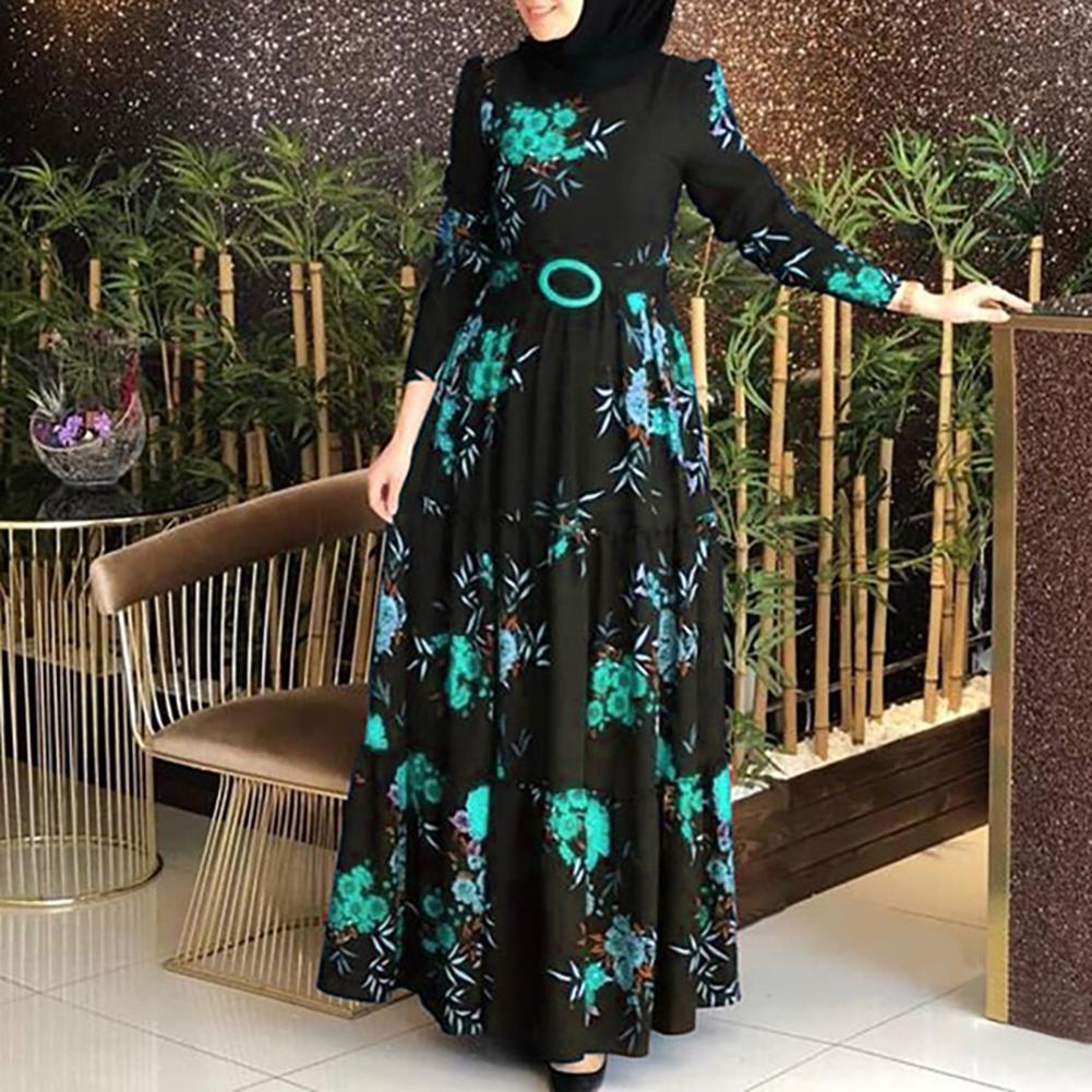 Long Sleeve  Flower Print Women Dress Ethnic Floral Print Belt