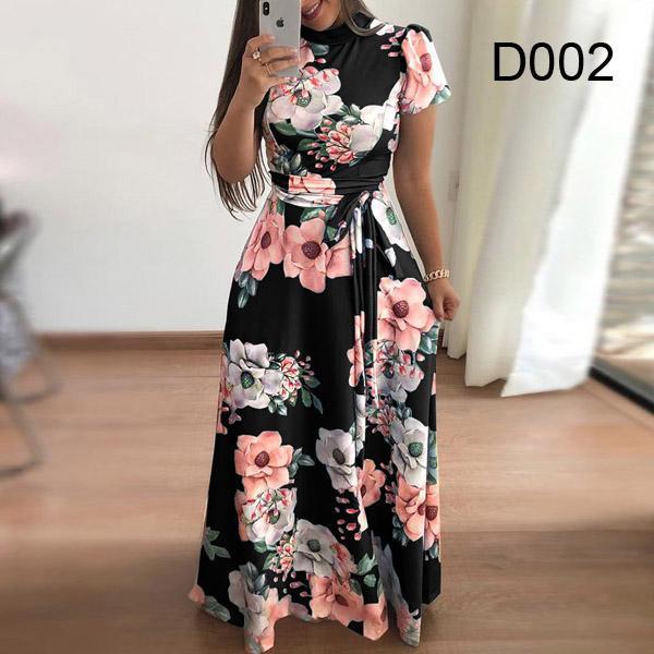 Long Sleeve  Flower Print Women Dress Ethnic Floral Print Belt