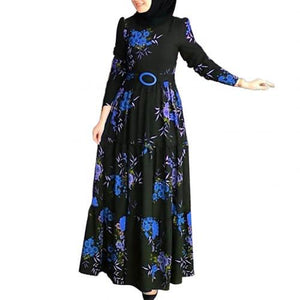 Long Sleeve  Flower Print Women Dress Ethnic Floral Print Belt