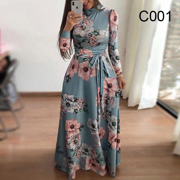 Long Sleeve  Flower Print Women Dress Ethnic Floral Print Belt