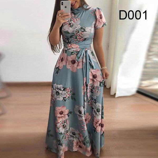 Long Sleeve  Flower Print Women Dress Ethnic Floral Print Belt