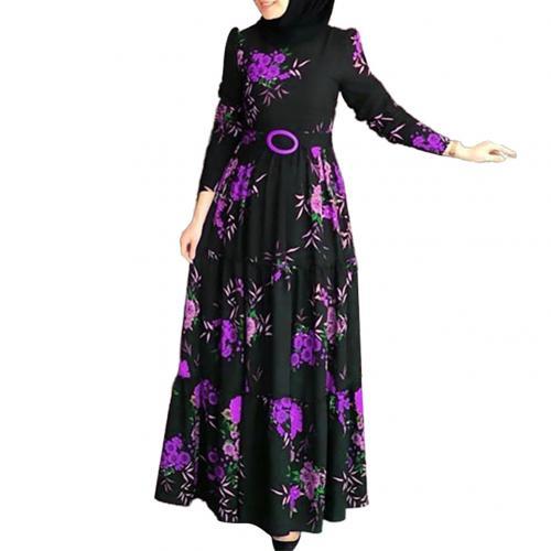 Long Sleeve  Flower Print Women Dress Ethnic Floral Print Belt