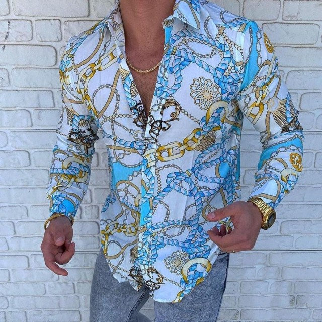 New Luxury Gold Blue Shirt Men Slim Fit Long Sleeve