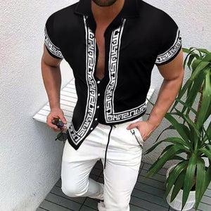Nation Style Man Shirt  Stand Collar Stripe Short Sleeve Loose Hawaiian