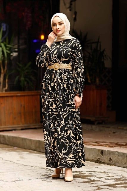 Straw Belt Wave Pattern Muslim Dress Women Luxury Kaftan