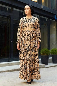 Straw Belt Wave Pattern Muslim Dress Women Luxury Kaftan