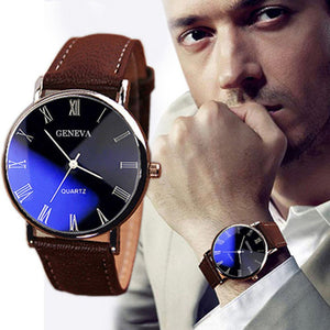 Fashion Watch Men Roman Numerals Blu-Ray Faux Leather Band Quartz Analog Business Watches