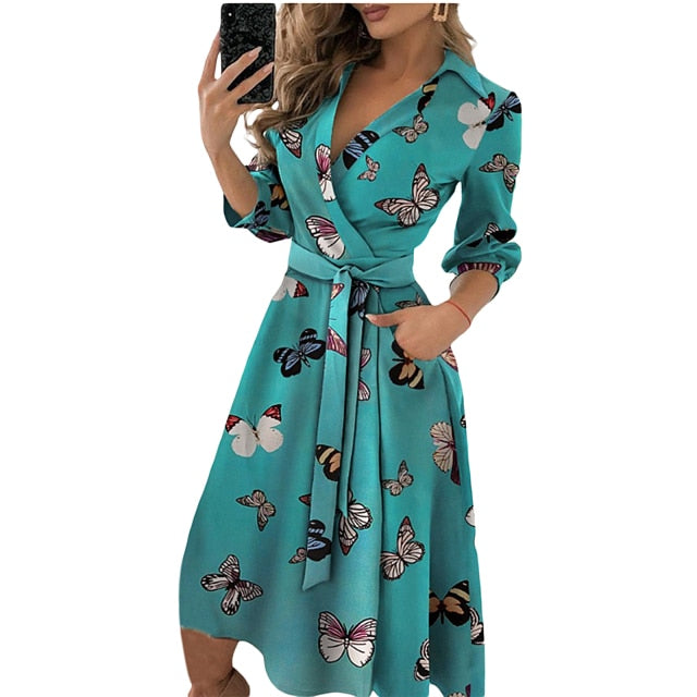 Spring Summer Lady Cover Up Women's Shirt Dress Wave Print Long Sleeve V-Neck Casual Loose Holiday Midi Dress Plus Size