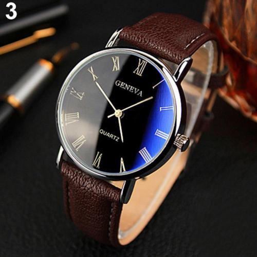 Fashion Watch Men Roman Numerals Blu-Ray Faux Leather Band Quartz Analog Business Watches